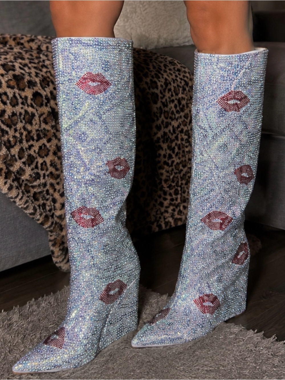 Cape Robbin Iridescent Crystal Over-the-Knee Boots with Red Lip Accents